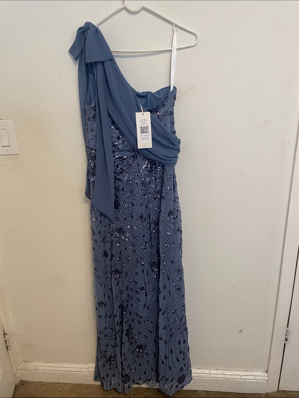 One-Shoulder Slate Blue Sequin Evening Dress